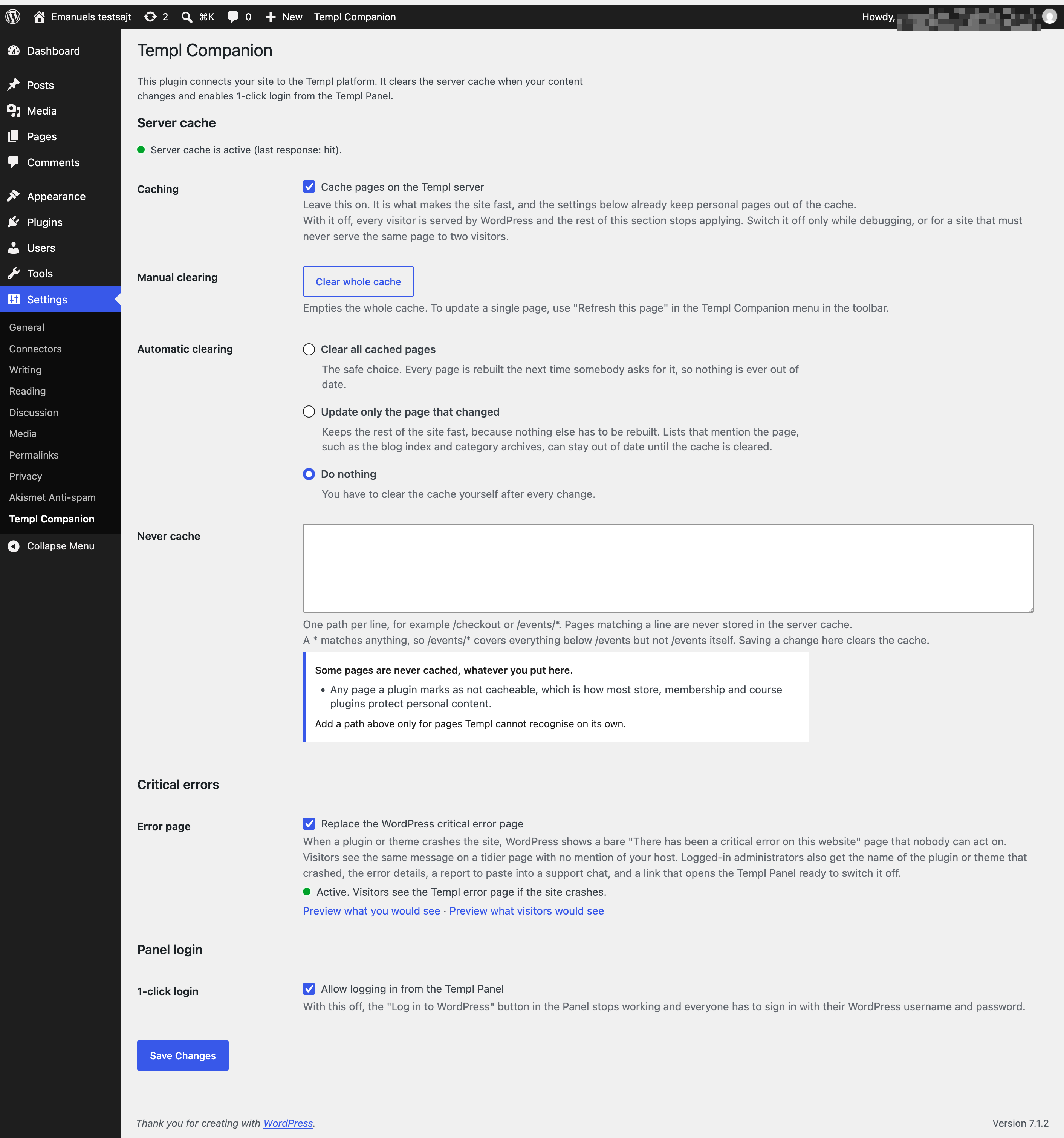 Templ Companion settings in WordPress, showing automatic clearing, cache exclusions, critical errors, and Panel login