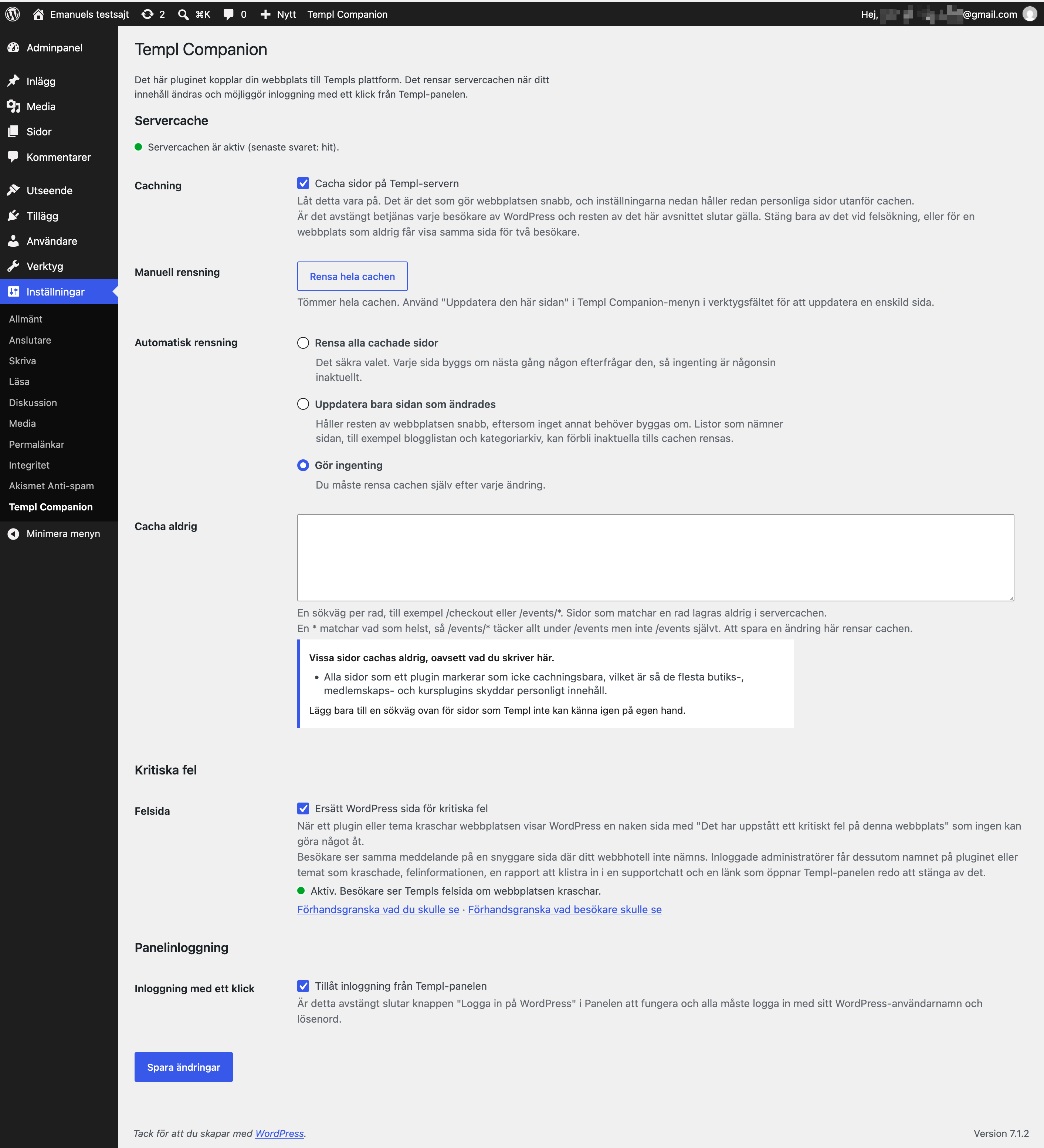Templ Companion-inställningar i WordPress, visar automatisk rensning, cachundantag, kritiska fel och panelinloggning
